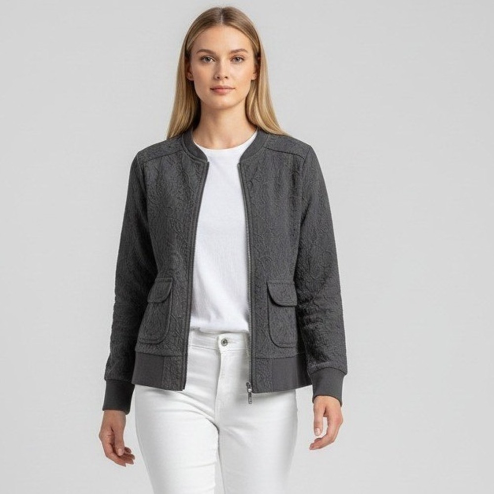 Evy's Tree The Fiona Gray Floral Lace Bomber Jacket w/ Zipper Women's Size Med.